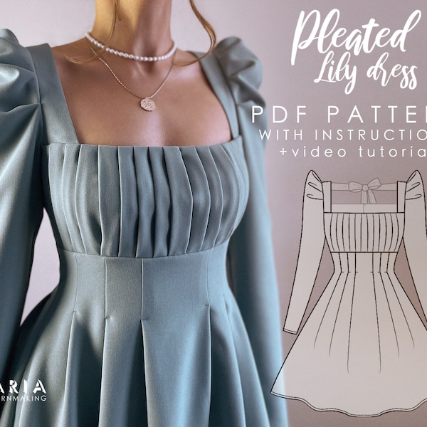 Pleated dress with a bow back detail and puff sleeves - EU 32-54 US 0-22 - Instant download A4 PDF sewing pattern - Pleated Lily Dress