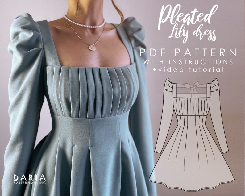 Pleated dress with a bow back detail and puff sleeves - EU 32-54 US 0-22 - Instant download A4 PDF sewing pattern - Pleated Lily Dress 