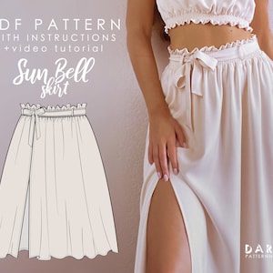 Slit skirt with shirred waistband - Beginner friendly - Instant download PDF sewing pattern - EU 32-54 US 0-22 sizes - Sun Bell Skirt