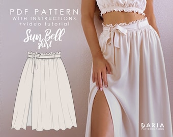 Slit skirt with shirred waistband - Beginner friendly - Instant download PDF sewing pattern - EU 32-54 US 0-22 sizes - Sun Bell Skirt