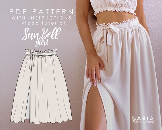 Slit Skirt With Shirred Waistband Beginner Friendly Instant Download PDF  Sewing Pattern EU 32-54 US 0-22 Sizes Sun Bell Skirt 