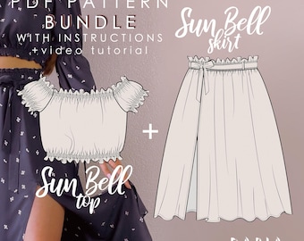 BUNDLE: shirred top + slit skirt - 2 patterns - Beginner friendly - Instant download pdf sewing pattern - EU 32-54 US 0-22 sizes - Sun Bell