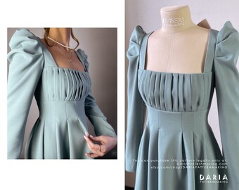 Pleated Dress With a Bow Back Detail and Puff Sleeves EU 32-54 US