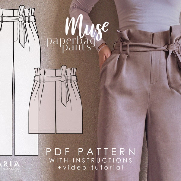 Pantalones y pantalones cortos estilo paperbag de cintura alta - EU 32-56 US 0-24 - Descarga instantánea de patrón de costura A4 PDF - Muse Paperbag Pants