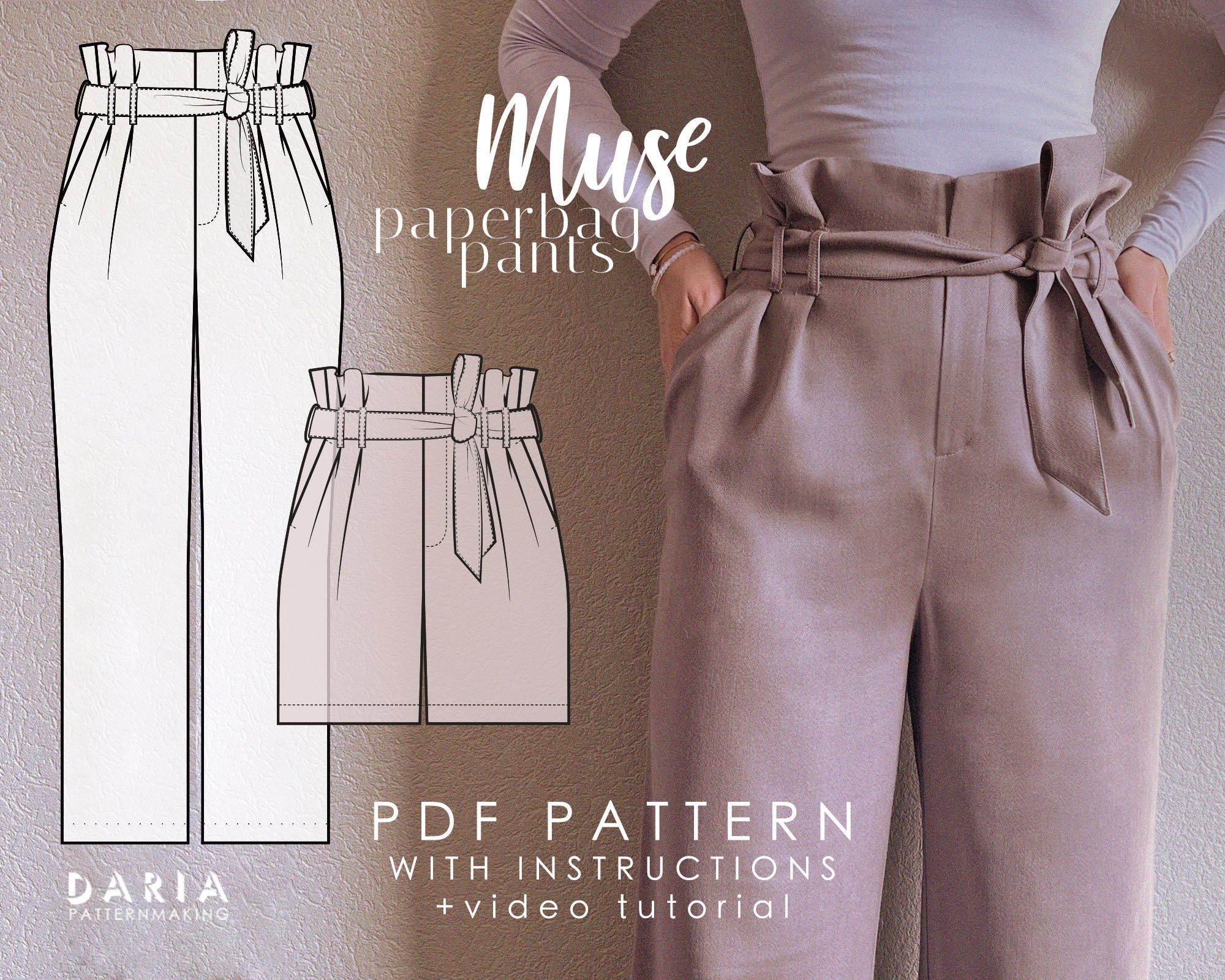 High-waist Paperbag Style Pants and Shorts EU 32-56 US 0-24 Instant  Download A4 PDF Sewing Pattern Muse Paperbag Pants -  Canada