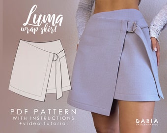 Wrap mini skirt with a belt detail - Beginner friendly - Instant download PDF sewing pattern - EU 32-56 US 0-24 sizes - Luma Wrap Skirt