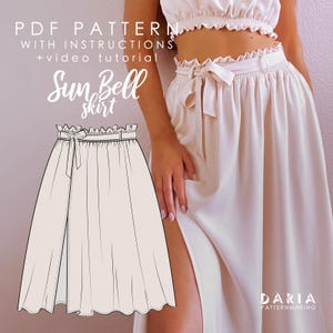 May include: A digital illustration of a skirt pattern with the text "PDF PATTERN WITH INSTRUCTIONS + VIDEO TUTORIAL Sun Bell Skirt" and the text "DARIA PATTERNMAKING".