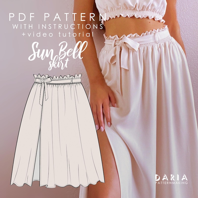 May include: A digital illustration of a skirt pattern with the text "PDF PATTERN WITH INSTRUCTIONS + VIDEO TUTORIAL Sun Bell Skirt" and the text "DARIA PATTERNMAKING".