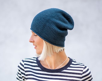 Seamless Cashmere Beanie / Slouchy Beanie / Hand Knit Cashmere Silk Beanie / Ladies' Cashmere Hat / Black Grey Blue / Women's Beanie