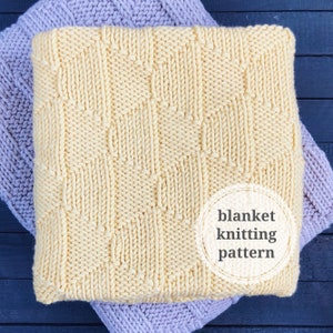 May include: A yellow knitted blanket with a textured pattern. The blanket is folded in half and has a white circle with the text "blanket knitting pattern" on it.