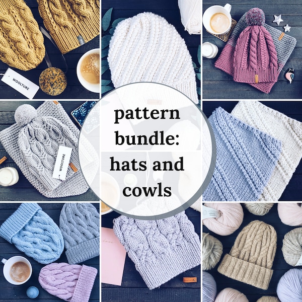 KNITTING PATTERN BUNDLE: 12 Knitting Pattern Pack / Woolture Pattern Combo / 9 Hats and 3 Cowls