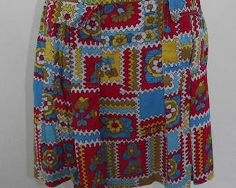 Vintage 70s 80s red blue yellow floral pleated heavy cotton skirt skirt size small