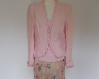 Vintage pink linen floral skirt suit by Claudia Strater skirt with Jacket and top Size Small