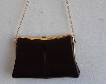 Vintage handbag purse clutch 1970s brown leather clutch bag with detachable chain strap