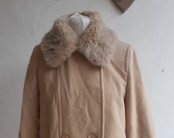 Vintage 90s Jacques Vert coat camel colour wool cashmere mix with detachable faux fur collar large