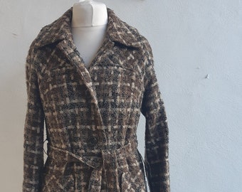 Vintage tweed checked wool mix womens coat 50s 60s brown taupe tweed wool coat size large