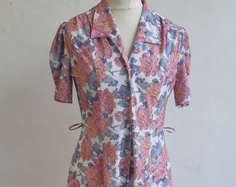Vintage 80s rosa y azul floral 50's estilo fit y camisa flare tamaño de vestido