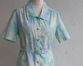 Vintage 70s dress shirt waister by Eastex green cotton floral belted dress size large