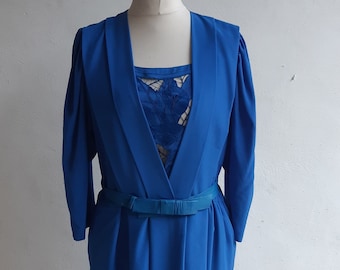 Vintage 80s blue silky dress with puff 3/4 sleeves lace insert size large