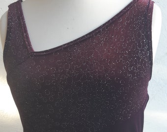 Vintage paarse fluwelen maxi avondjurk mouwloos uit de jaren '90 door First Avenue asymetrische hals met sprankelende lijfje grootte klein