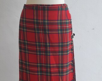 Vintage kilt red wrap kilt tartan plaid by St Michael with leather buckle fastenings size small