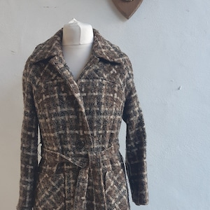 Vintage tweed checked wool mix womens coat 50s 60s brown taupe tweed wool coat size large