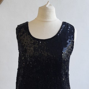 Vintage 1990&#39;s Black Sequin 100% Silk beaded Vest top by Tricoville sudi design size small