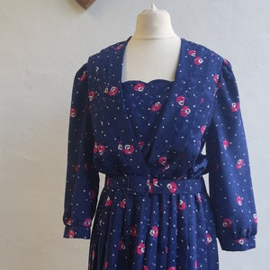 Vintage dress 80s by Berkertex Made in England navy Blue floral dress with concealed vest and pleated skirt size small