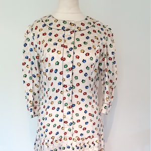 Vintage zijden jurk door Janet Davids crème floral dress 80s doet 20s drop taille flapper stijl geplooid rok jurk maat klein