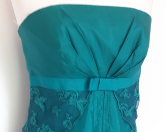 Vintage dress 90s strapless Monsoon emerald green silk evening dress with lace details size small