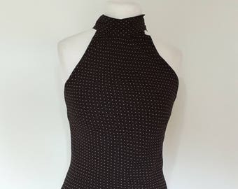 Vintageklänning 90-tals Christian Berg Stockholm Chokladbrun krämfärgad prickig klänning i snedskuren modell storlek medium
