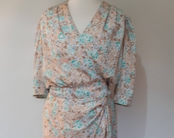 Vintage wrap dress 80s by Charese cream mint green and taupe wrap Dress size small