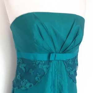 Vintage dress 90s strapless Monsoon emerald green silk evening dress with lace details size small