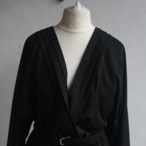 Vintage St Michael 80s v neck faux wrap black dress with matching belt and raglan sleeve size small s