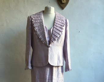 Vintage Frank Usher 90's three piece lilac ruffle beaded skirt top jacket suit size XL Extra Large