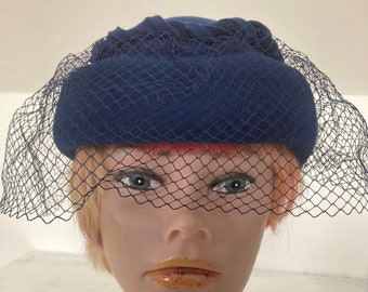 Vintage 1980's navy blue Birdcage Veil Pillbox Hat  with bow decoration Bermona Trend made in London