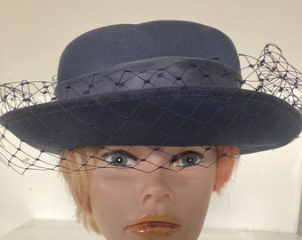 Vintage 1980's navy blue Birdcage Veil Hat  with bow decoration First Avenue
