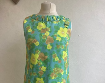 Vintage 1960's Floral Mod Dress Green Blue and Yellow size Medium M