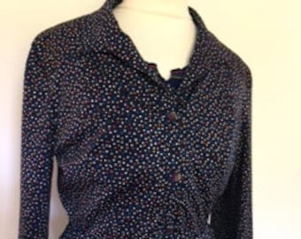 Vintage 3 piece skirt suit by Suzi R navy blue spotted top with blouse and skirt Size Small