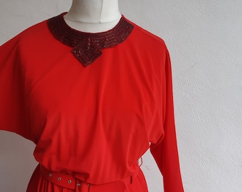 Vintage St Michael 80s beaded neckline red dress with matching belt and raglan sleeve size small to medium