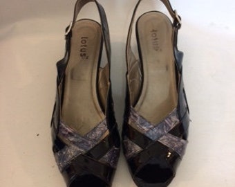 vintage shoes 80s Lotus Made in Italy black patent peep toe sling back platform shoes leather court shoes pumps size uk 7 us 9 eu 39 40 US