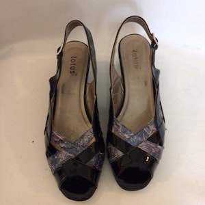 vintage shoes 80s Lotus Made in Italy black patent peep toe sling back platform shoes leather court shoes pumps size uk 7 us 9 eu 39 40 US