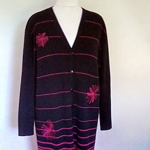 Vintage Strickjacke voller Länge der 90er Jahre von Jacques Vert Wolle mix schwarz rosa Blumen Strickjacke Größe X groß