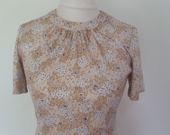 Vintage dress 70s beige floral pattern tea dress by  size small to medium