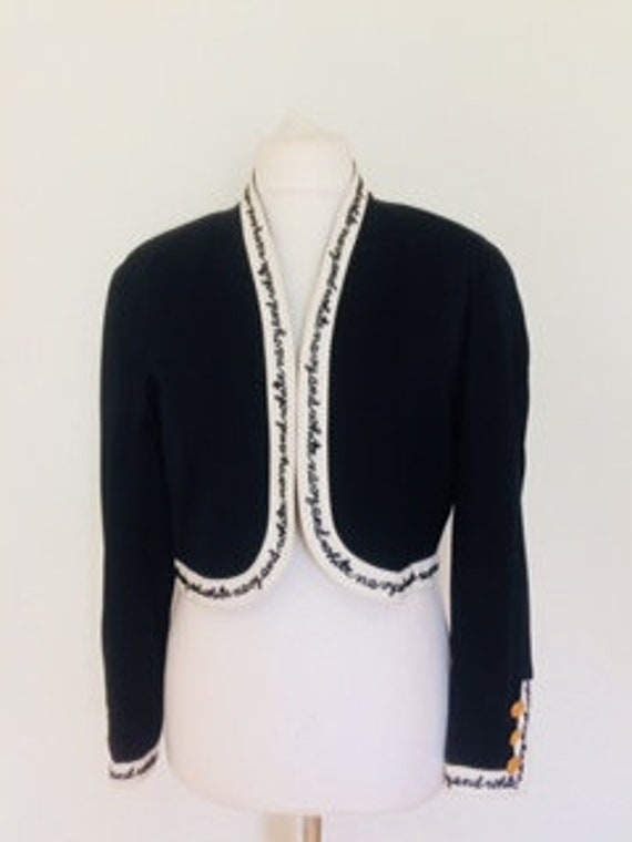 Vintage 80s Mondi wool mix navy blue white trim J… - image 1