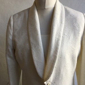 Vintage 90s Floral Embossed cream dress suit by John Bentley with matching long jacket size Large L