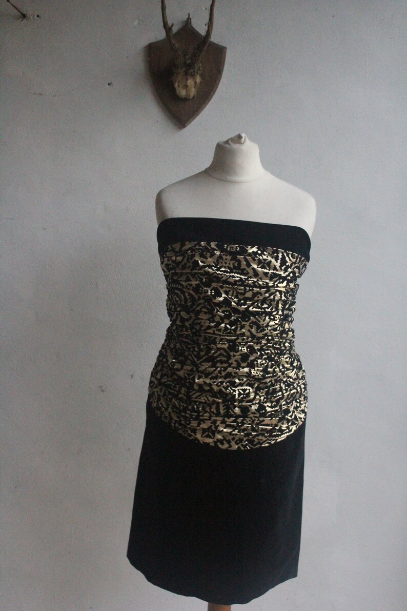 Vintage 80s Black and Gold Metallic Velvet Strapless Dress by Deni ...