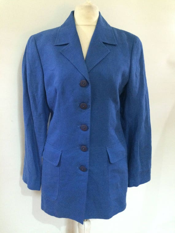 Vintage Irish Linen Jacket 90s Paul Costelloe Dressage Made in Ireland Blue Blazer Jacket Size Small UK 8-10