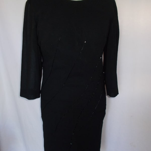Vintage black dress by A Paquerette Model Black Beaded wiggle pencil Dress Size UK 12 Medium