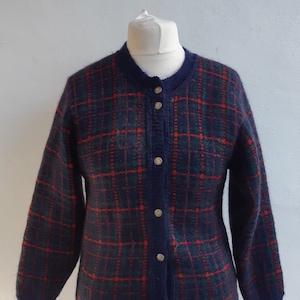 Vintage 80s cardigan by Edinburgh  blue red green plaid tartan checked Mohair mix Cardigan jacket Size small
